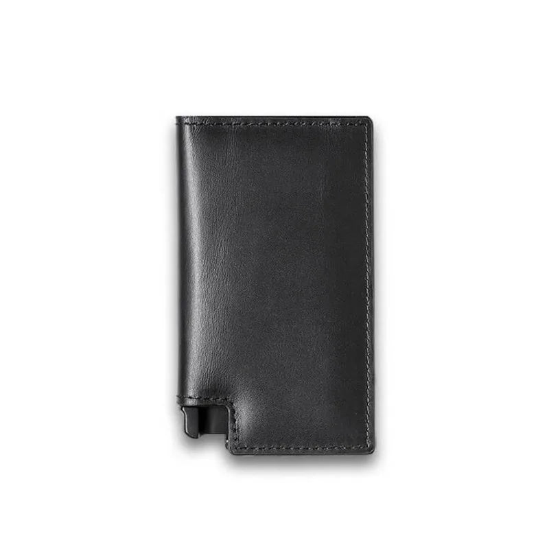 Men's Genuine Leather Minimalist Card Holder Wallet with Aluminum Case & Auto Pop-Up Design