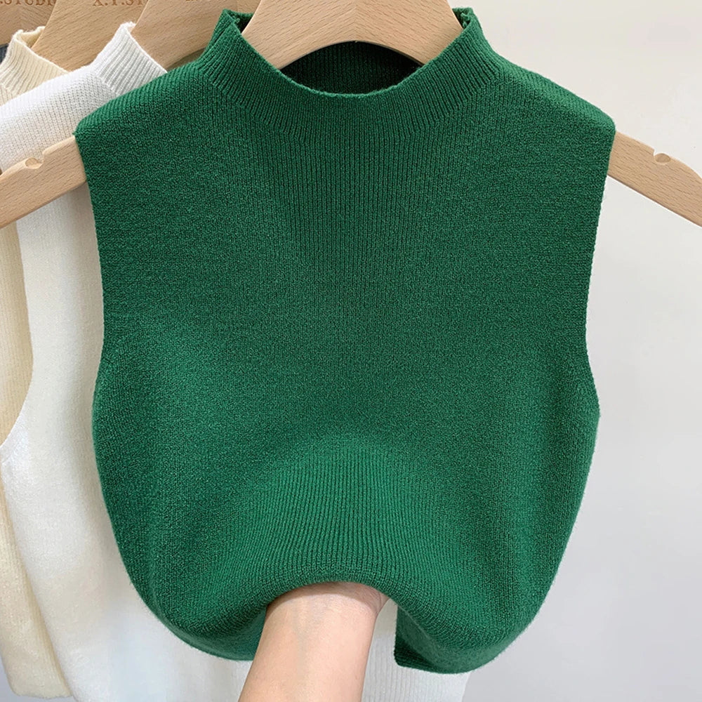 Women's Knitted Sleeveless Tank Top – Solid Color Cropped Camisole with Half-Turtleneck