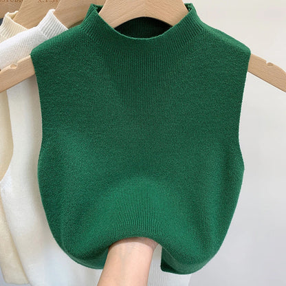 Women's Knitted Sleeveless Tank Top – Solid Color Cropped Camisole with Half-Turtleneck