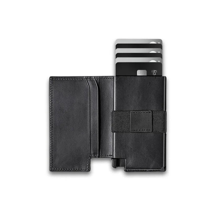 Men's Genuine Leather Minimalist Card Holder Wallet with Aluminum Case & Auto Pop-Up Design