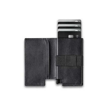 Men's Genuine Leather Minimalist Card Holder Wallet with Aluminum Case & Auto Pop-Up Design