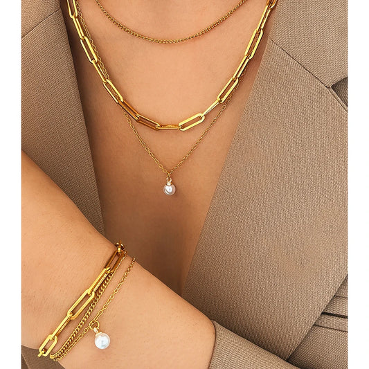 Elegant Pearl Pendant Jewelry Set – Stainless Steel, Multi-Layer Chain for Women