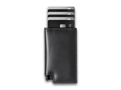 Men's Genuine Leather Minimalist Card Holder Wallet with Aluminum Case & Auto Pop-Up Design
