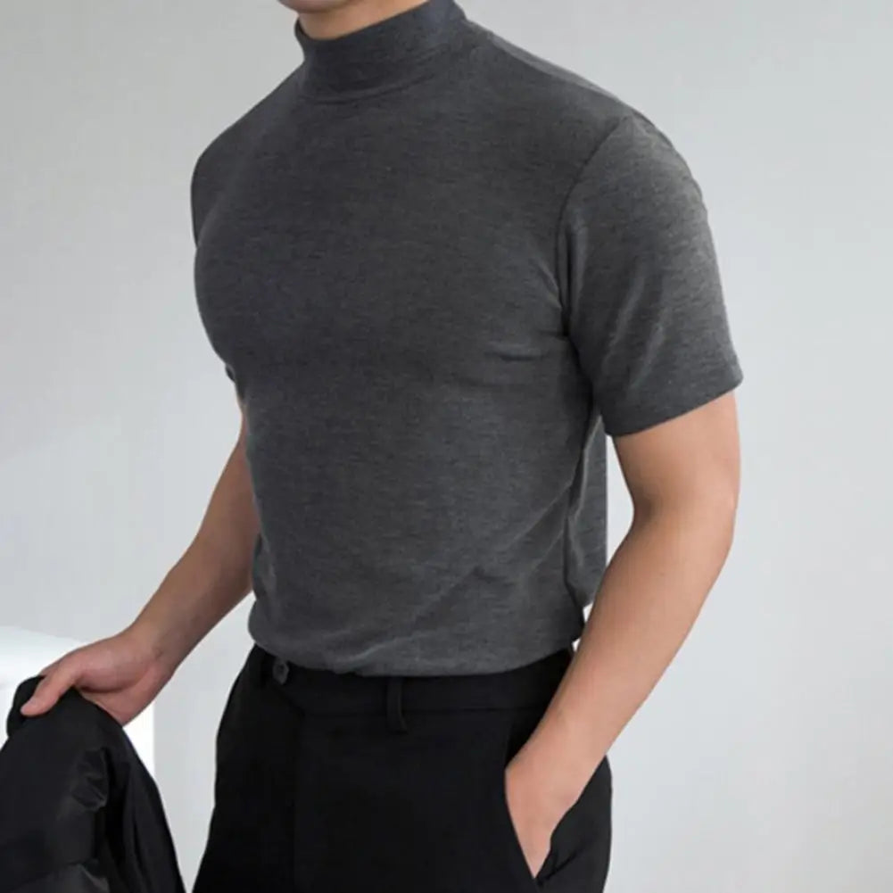 Men's Summer Fitness T-Shirt – Short Sleeve High Collar Basic Tee
