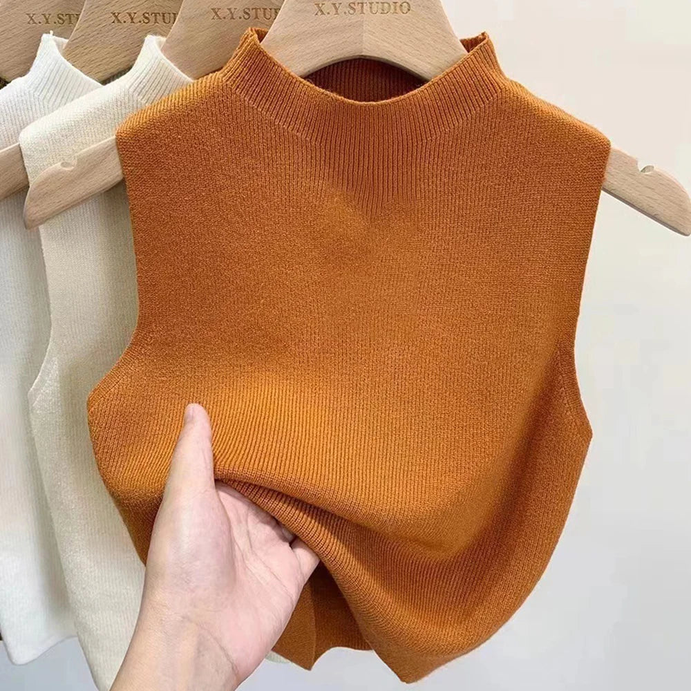 Women's Knitted Sleeveless Tank Top – Solid Color Cropped Camisole with Half-Turtleneck