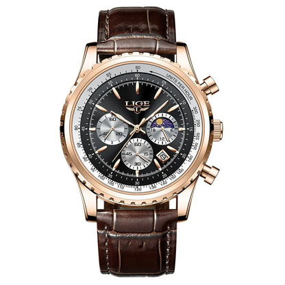 LIGE Luxury Men’s Leather Quartz Sports Watch – Waterproof, Top Brand with Gift Box
