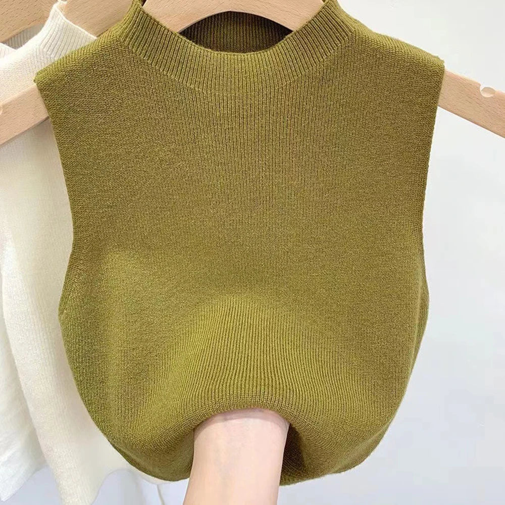 Women's Knitted Sleeveless Tank Top – Solid Color Cropped Camisole with Half-Turtleneck