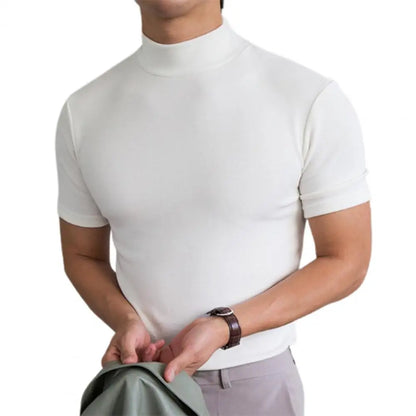Men's Summer Fitness T-Shirt – Short Sleeve High Collar Basic Tee