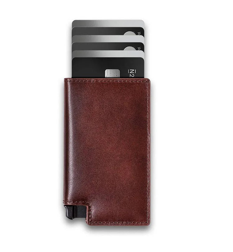 Men's Genuine Leather Minimalist Card Holder Wallet with Aluminum Case & Auto Pop-Up Design