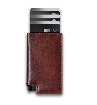 Men's Genuine Leather Minimalist Card Holder Wallet with Aluminum Case & Auto Pop-Up Design