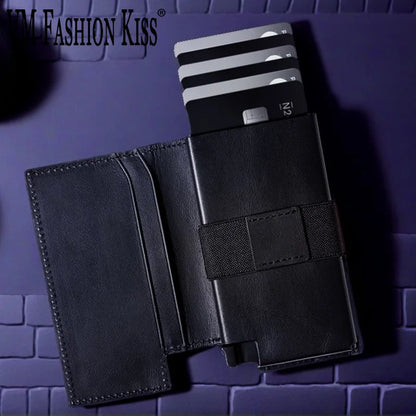 Men's Genuine Leather Minimalist Card Holder Wallet with Aluminum Case & Auto Pop-Up Design