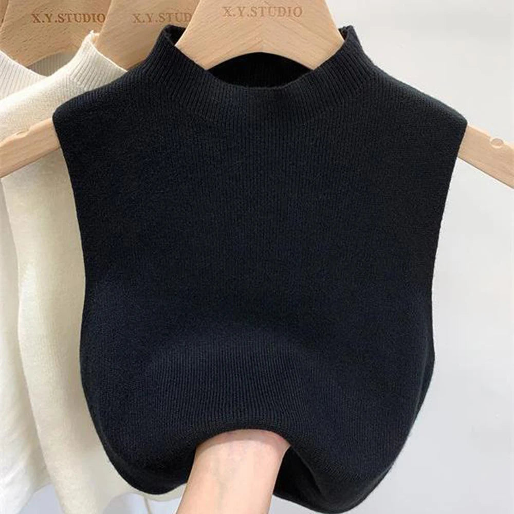 Women's Knitted Sleeveless Tank Top – Solid Color Cropped Camisole with Half-Turtleneck