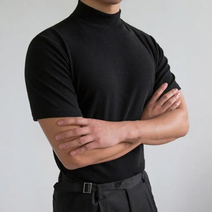 Men's Summer Fitness T-Shirt – Short Sleeve High Collar Basic Tee
