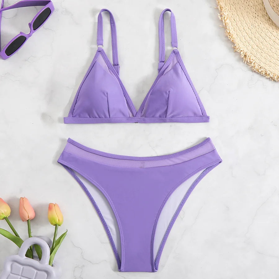Women's Sexy Bikini Set – Solid Mesh Two-Piece Swimsuit